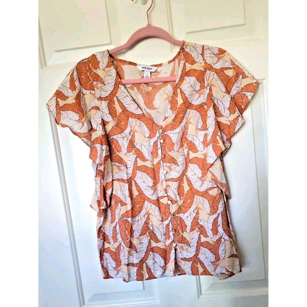 Nine West Women's Sz Small Beige Orange Fall Leaf Print V-Neck Button Front top